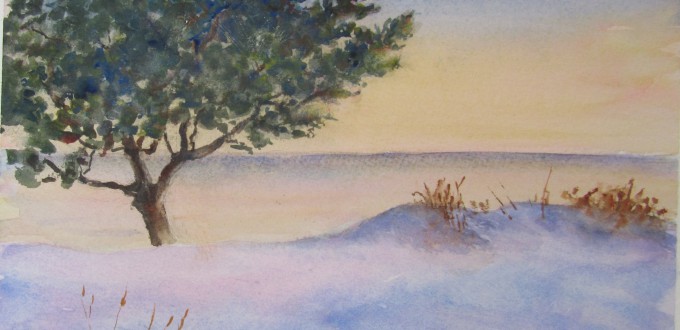 A watercolor painting of a tree on the beach.