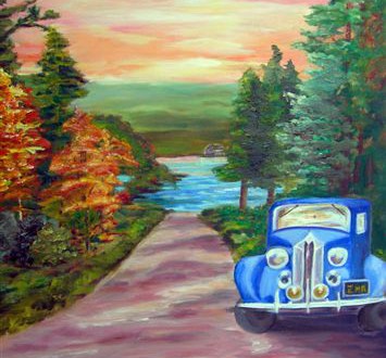 An oil painting of a blue car on a road.