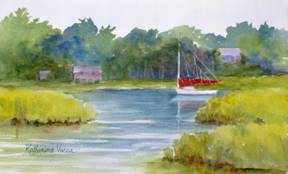 A watercolor painting of a sailboat in the marsh.