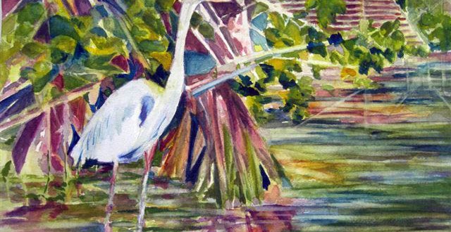 A painting of a white heron in the water.