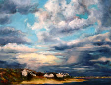 A painting of clouds over a beach and houses.