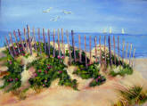 A painting of a sand beach with a fence and flowers.