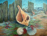 A painting of sea shells on the beach, created by The Guild of Harwich Artists.