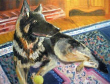 A painting of a german shepherd dog laying on a rug.