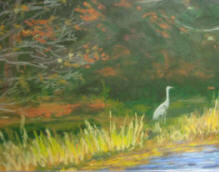 A painting of a heron by the water.