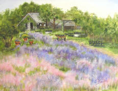 A painting of a lavender field with a house in the background.