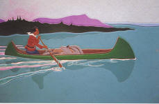 A painting of a man in a canoe.