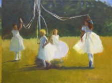A painting of girls playing on a swing in a field.