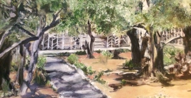 A painting of a path in the woods.