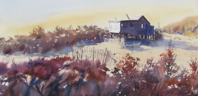 A watercolor painting of a house on the beach.