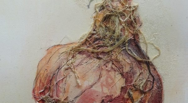 A painting of a red onion with roots.