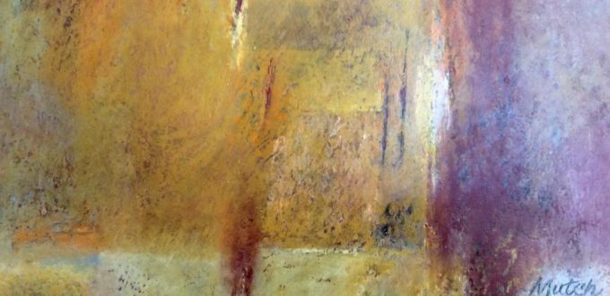 An abstract painting with yellow and brown colors.