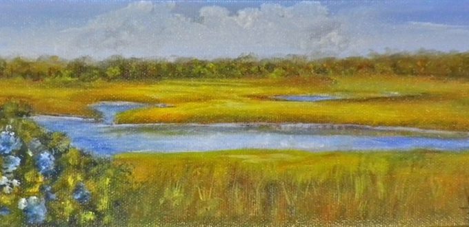 An oil painting of a marsh and a river.