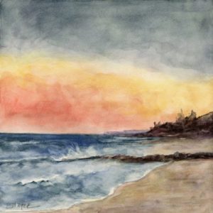 ©Erica Dale Strzepek, Sunset on Earle Road Beach. Watercolor, 8 x 8 inches.