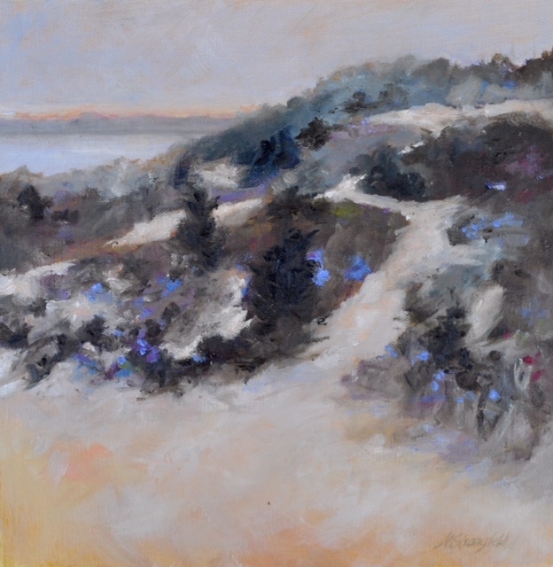 A painting of sand dunes near the ocean by The Guild of Harwich Artists.