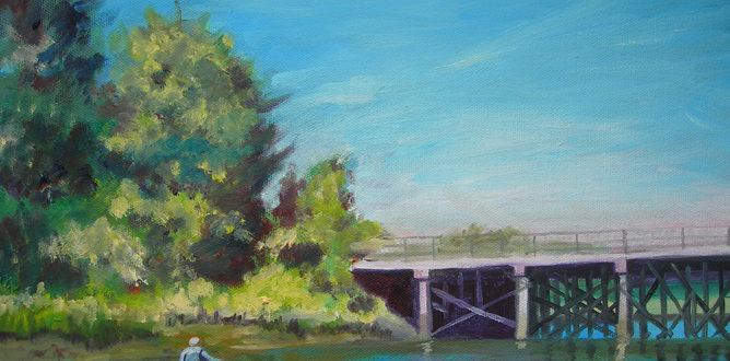 A painting of a man in a canoe near a bridge.