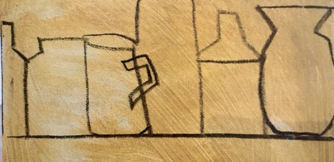 A drawing of vases and pitchers on a piece of paper.