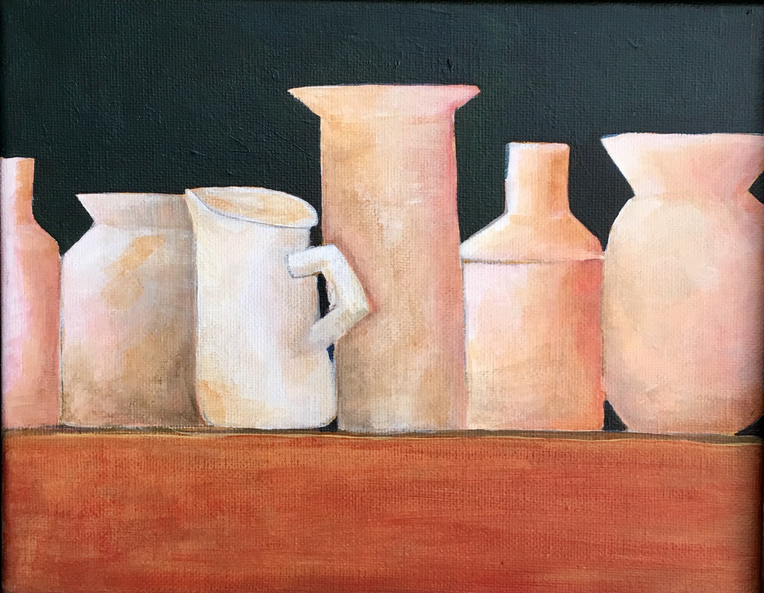 A painting of several vases on a table.
