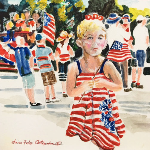 A watercolor painting of a girl in an american flag dress.