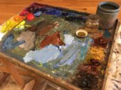 An artist's palette on a wooden table.
