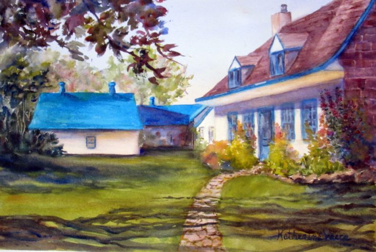 A watercolor painting of a cottage in the countryside.