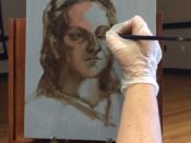 A person is painting a portrait of a woman on a easel.