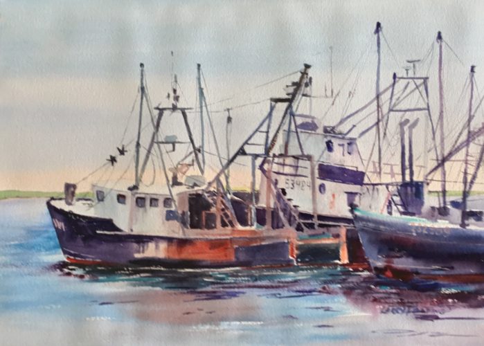 Watercolor of boats in a harbor.