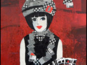 A painting of a woman wearing a black and white hat.