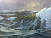 A painting of a stormy ocean with waves.