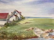 Watercolor of a house and a boat on a grassy hill by a body of water.
