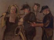 A painting of a group of people playing saxophones.