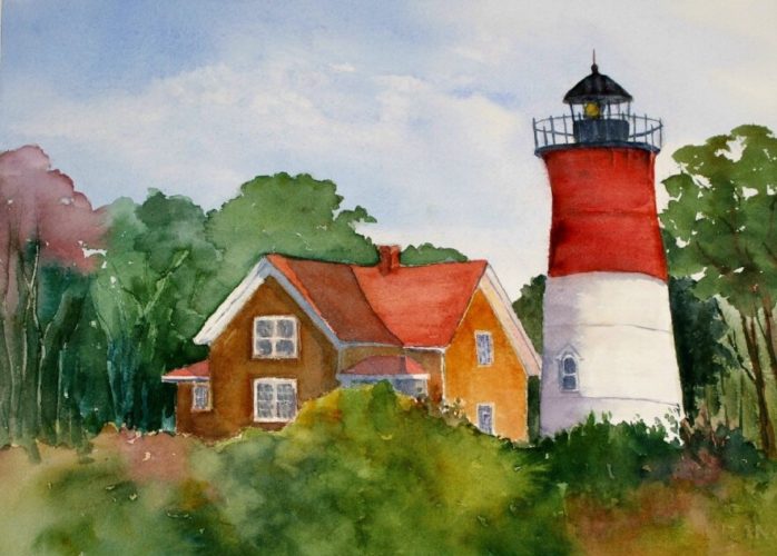 A watercolor painting of a lighthouse and a house.