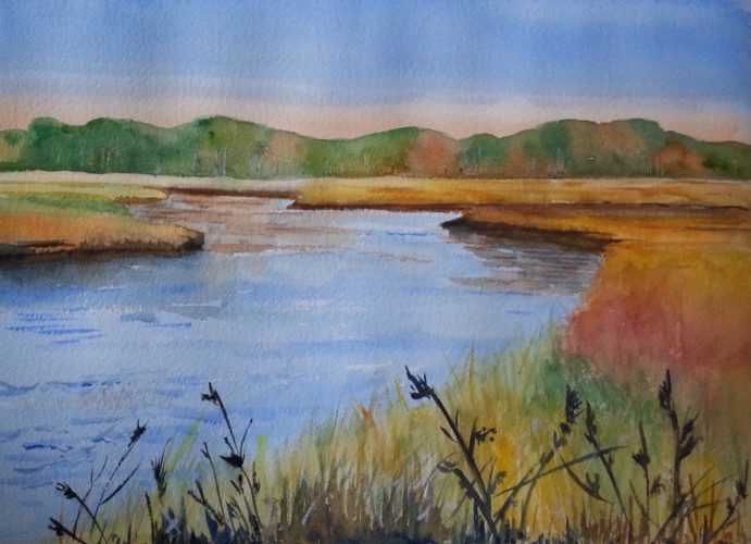 A watercolor painting of a river and marsh.