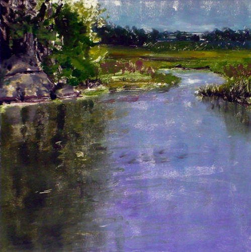 A painting of a river with a purple sky.
