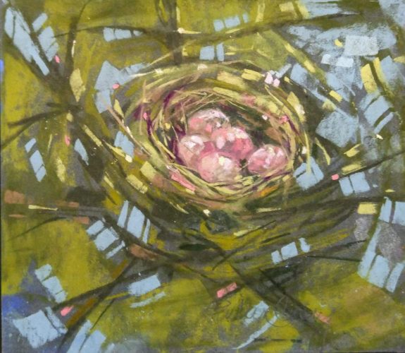 A painting of a bird's nest with pink eggs.