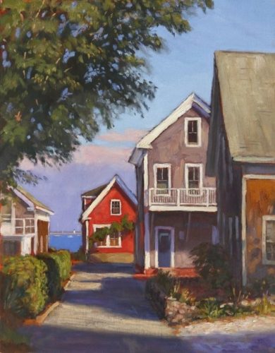 A painting of houses by the water.