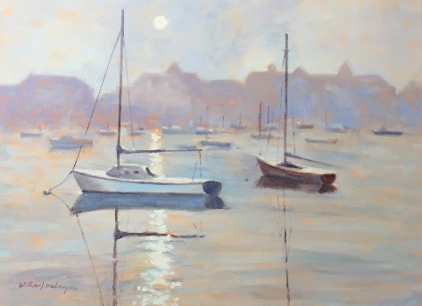 A painting of sailboats docked in the harbor.