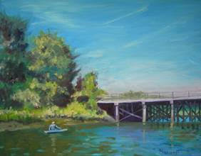 A painting of a man on a canoe near a bridge.