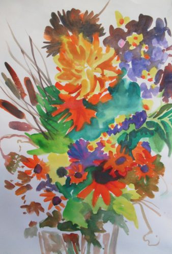 A watercolor painting of flowers in a vase.