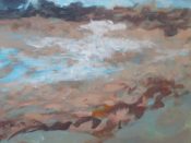 An oil painting of a beach scene.