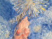 A watercolor painting of a woman holding a dandelion.