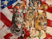 A painting of a group of dogs in front of an american flag.
