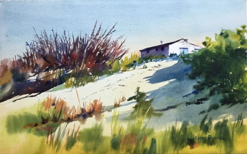 A watercolor painting of a house on a hill.
