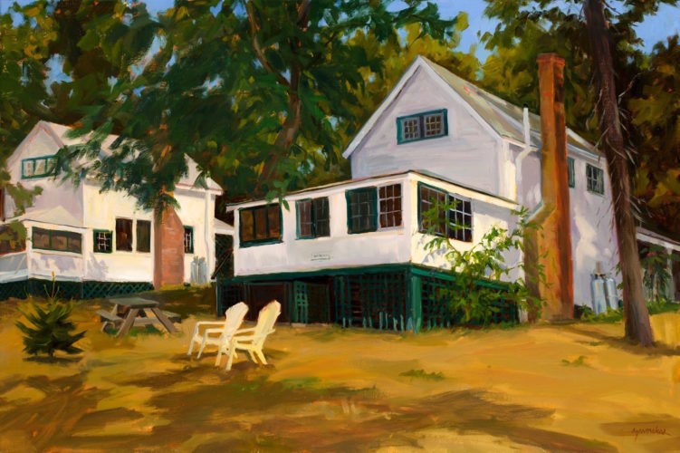 A painting of a house with chairs in front of it.
