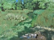 A captivating illustration of a tranquil stream meandering through a picturesque grassy landscape, brought to life by The Guild of Harwich Artists.