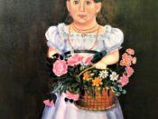 A Guild of Harwich Artists presents an exquisite painting of a girl gently cradling a basket filled with vibrant flowers.