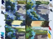Four squares of paintings with blue and green paint on them.