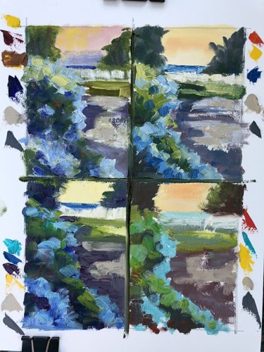 Four squares of paintings with blue and green paint on them.