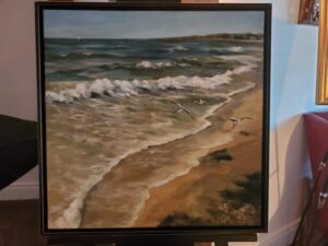 A painting of a beach scene with seagulls.
