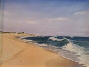 A painting of a beach with waves and sand.